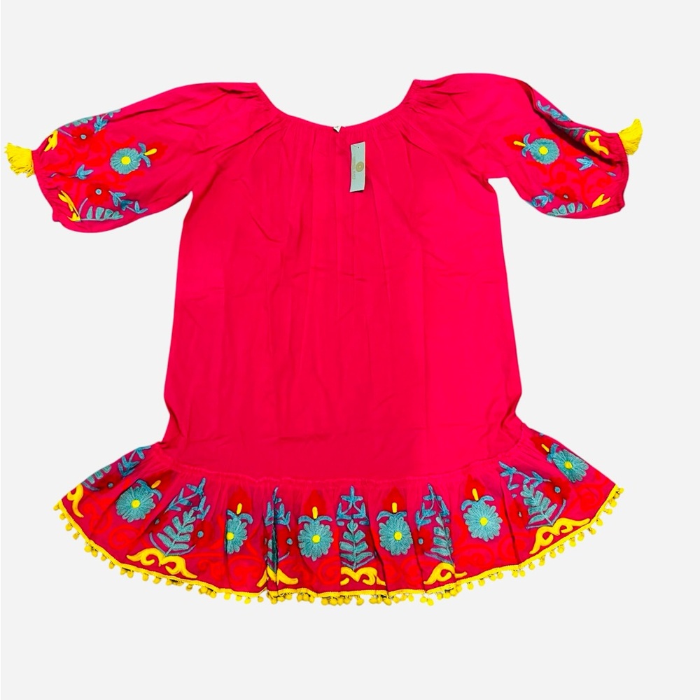 NWT Debbie Katz Lali Hot Pink  Pom Pom Tunic dress Cover-up embroidered X- Large